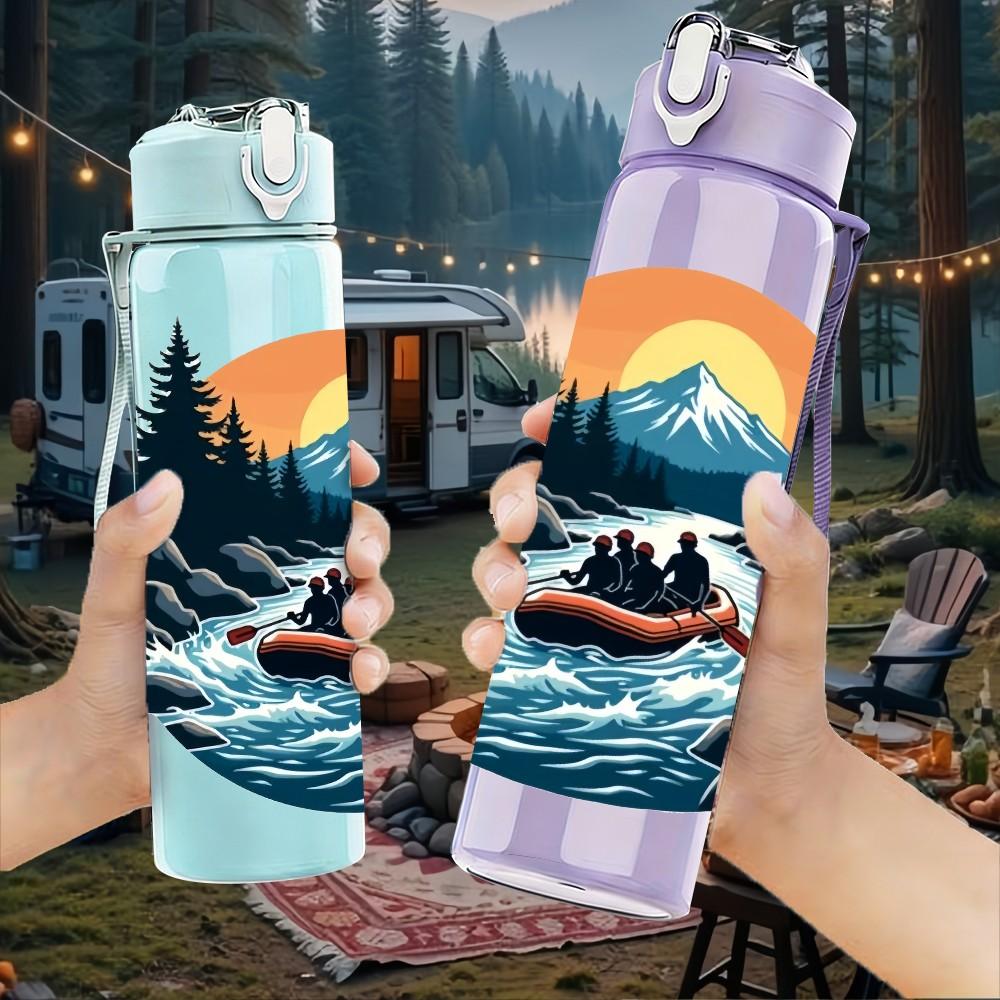 1PC Mountain Lake Canoe Sunset Scenery Print 750ml Color Plastic Sports Water Bottle Leakproof Flip Straw Lid Suitable for Sports Office Home Use