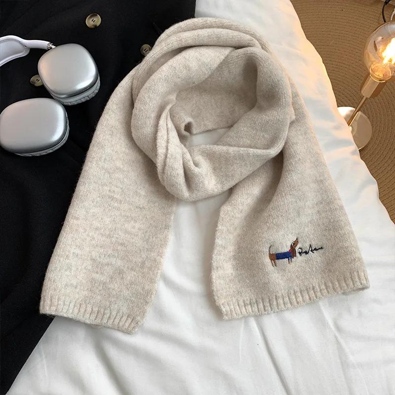 Japanese Embroidery Puppy Solid Color Knitted Scarf Female Autumn and Winter Student Warm Versatile Cashmere Scarf Unisex