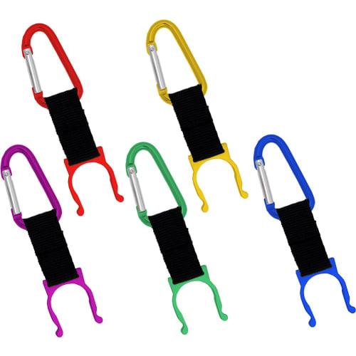 Audiophile Water Bottle Holder, 5-Piece Set (1 of Each Color), with Carabiner, Aluminum and Nylon Strap, Water Bottle Carrying Hooks (Red, Yellow, Pur