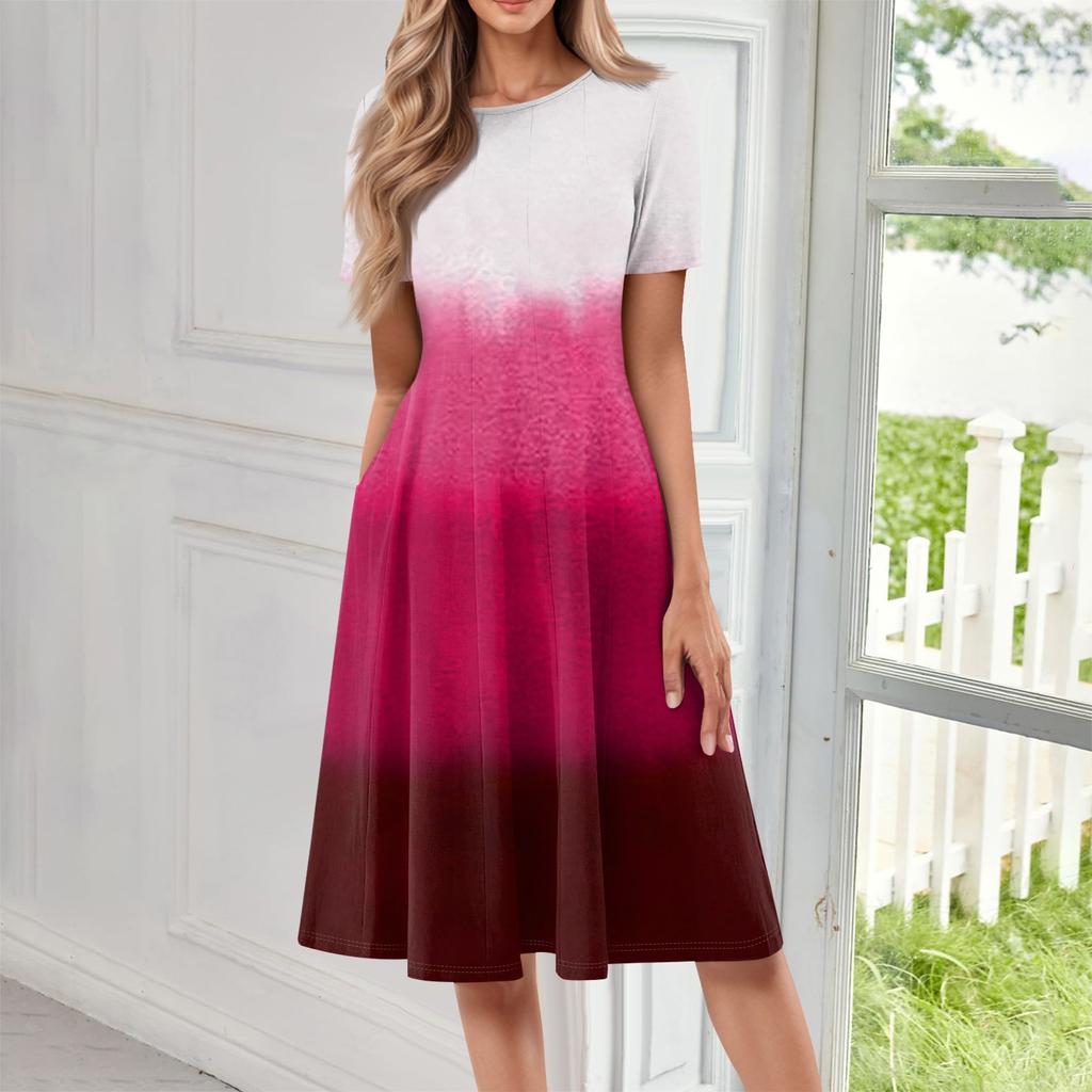 Ladies Casual Fashion Round Neck Short Sleeve Mid-Length Gradient Dress