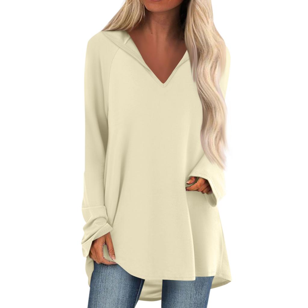 Женские свободные топы с V-образным вырезом и капюшоном с длинными рукавами, повседневные топы, домашние пижамы для отдыха, топы