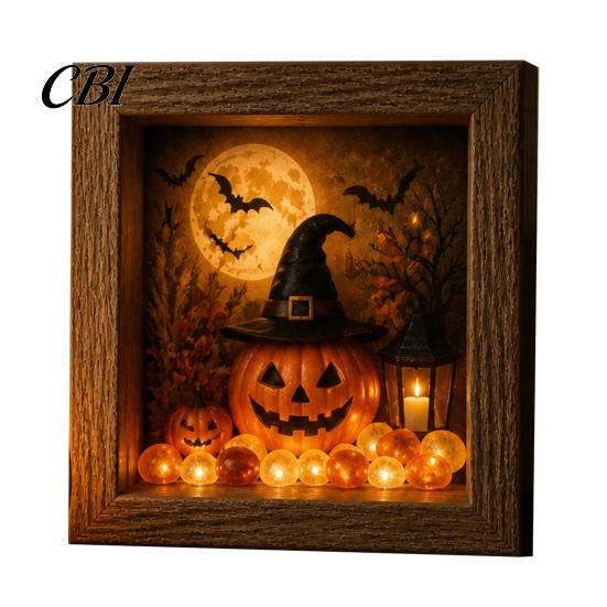 Warm Tone Light Fixture Halloween Shadow Box Frame DIY Lighted Craft Kit, Wooden Night with LED Sea Glass Stones, Gothic Memory Display Case for Shelf
