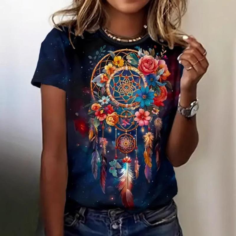 Women's Summer Temperament Elegant Round Neck Pullover Short Sleeved Plant Floral Print T-Shirt