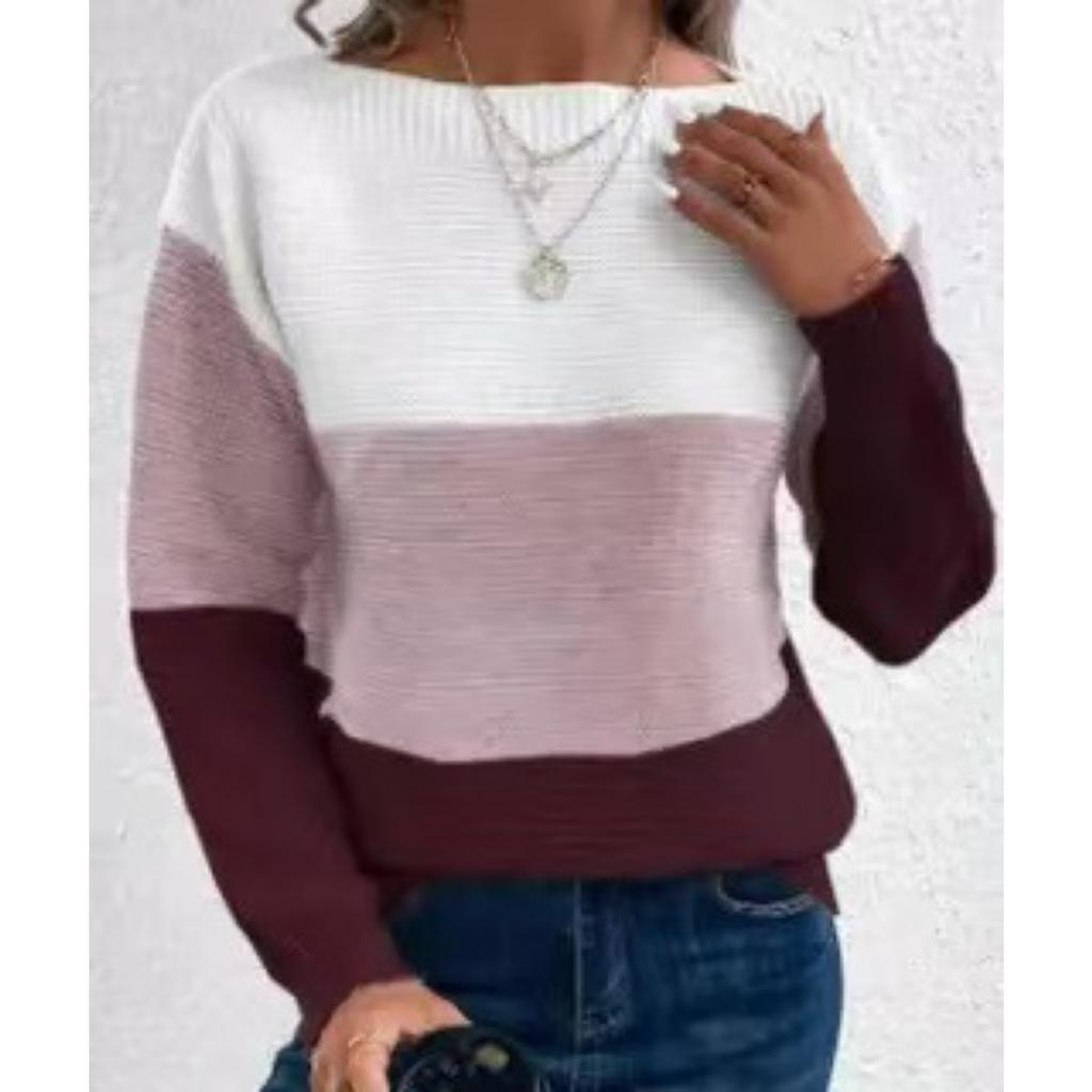 Autumn and Winter Knitted Sweater Women's Contrasting Color Spliced Round Neck Long Sleeved Pullover Top