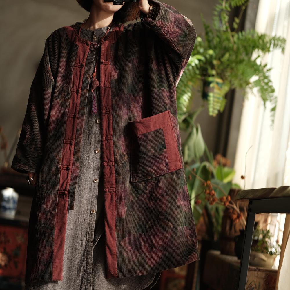 Johnature Women Vintage Red Floral Corduroy Warm Button Long Sleeve Pockets Coats Winter Chinese Style Coats