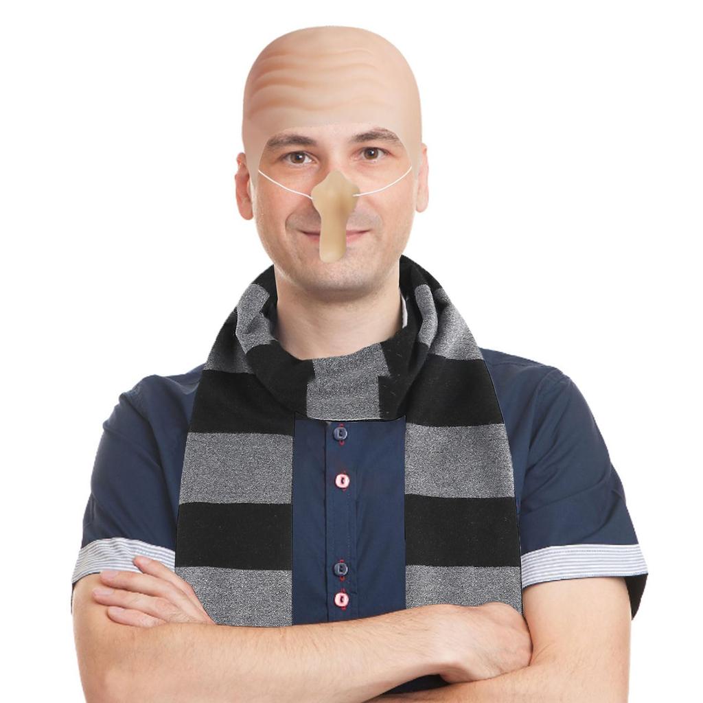 4Pcs Costume Accessories Adult Men Women Cosplay Party Set Black Gray Striped Scarf/Fake Nose/Bald Head Wig Cap
