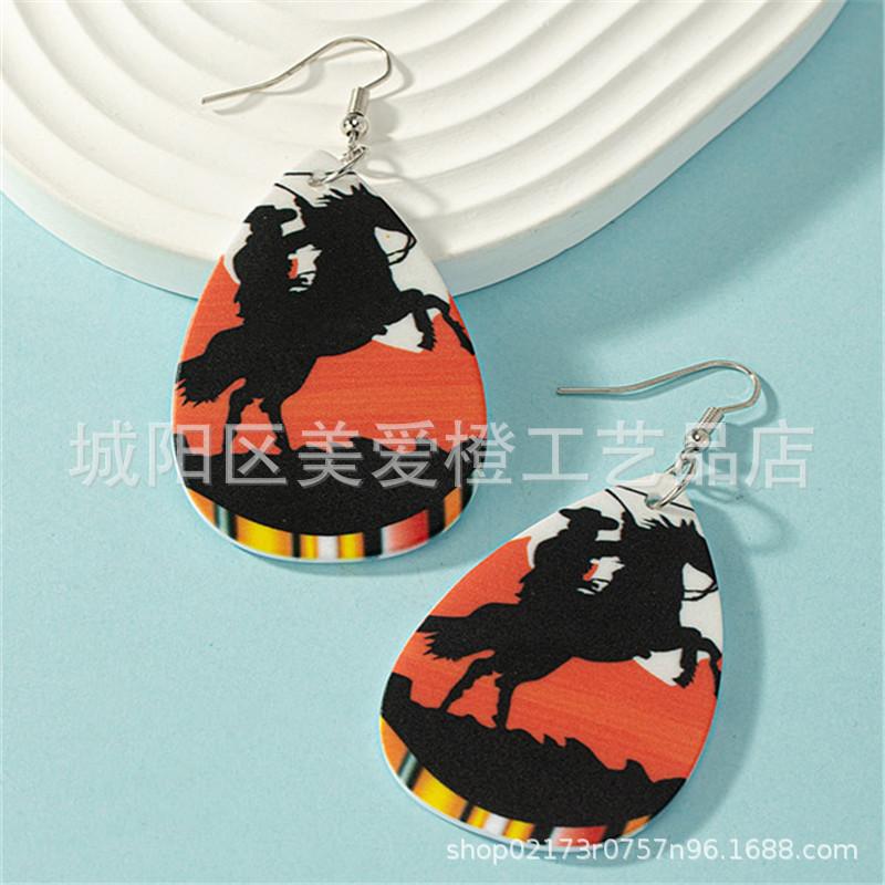 Western Cowboy Style Resin Earrings Cactus Horse Sunflower Print Stud Earrings