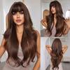 Long Wavy Brown Ombre Dark Brown Synthetic Hair Wigs with Bangs Long Women Darty Wigs Daily Cosplay Wig Heat Resistant Fiber Wigs