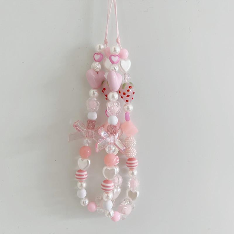 Сладкий и милый розовый клубничный мобильный ремешок, цепочки для телефона для женщин, жемчужная цепочка, подвеска-шарм для телефона, брелок, шнурок от потери, украшения