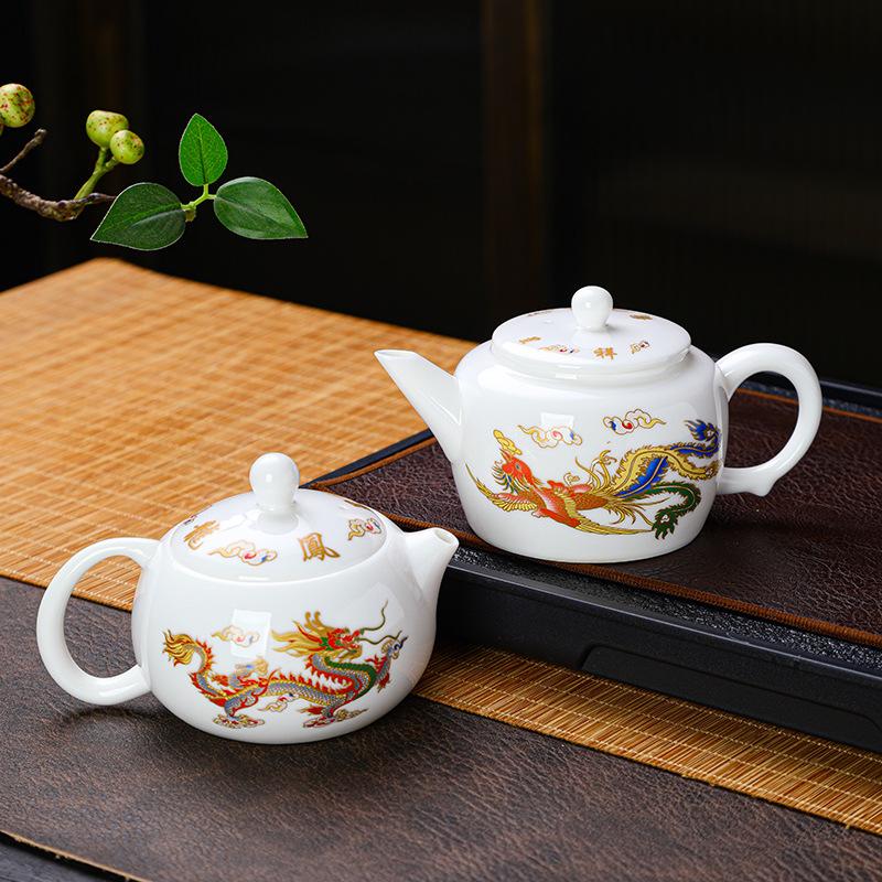 Longfeng Chengxiang suet jade Xishi Fengming pot boiling water discoloration bubble teapot ceramic kung fu tea set with gift box