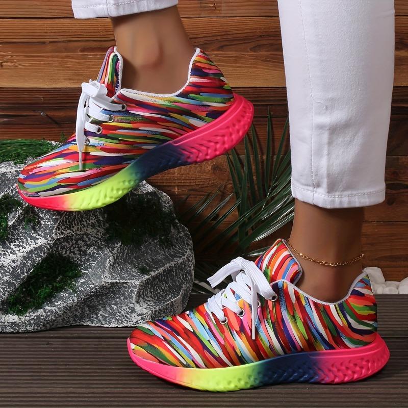 Кроссовки большого размера, красочные полосатые на шнуровке, с круглым носком, спортивные одинарные туфли, кроссовки с радужной подошвой