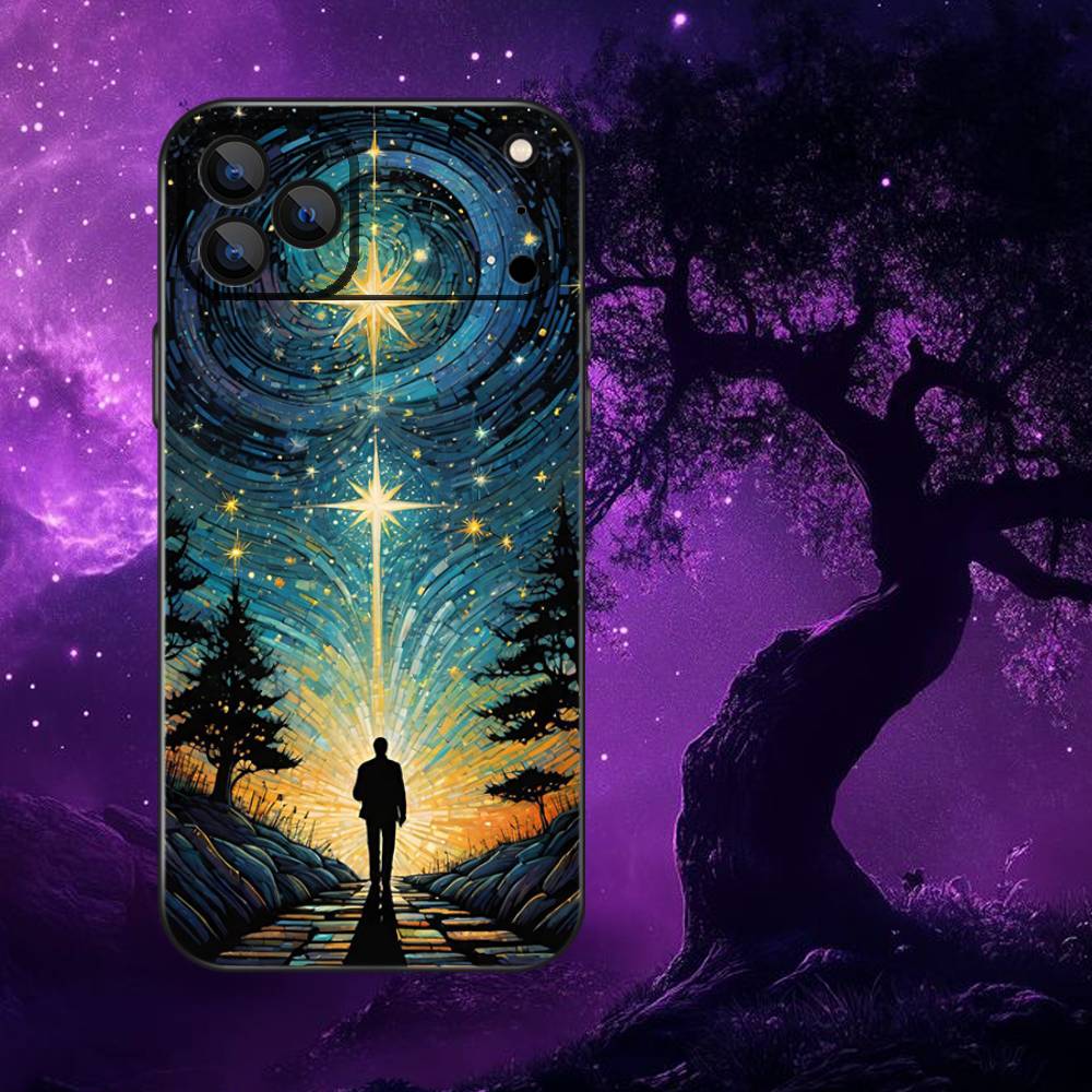 Starry Sky Art Trees Phone Case For iPhone 17,16,15,14,13,12,11,Pro Max,XSX,,XR,SE,Mini,8,7,Soft Silicone Black Cover