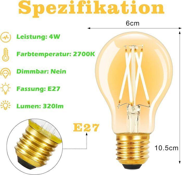 Pack de 6 ampoules LED E27 - NETTLIFE - A60 - Filament rétro Edison - 4W (blanc chaud 2700K) - Culot E27