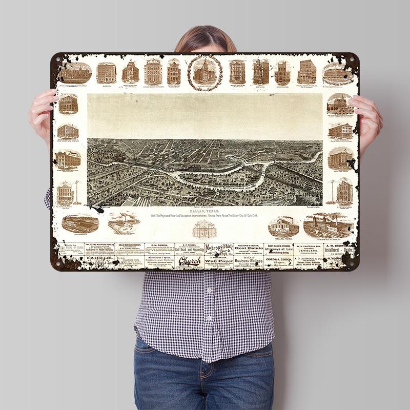 Map of DallasTexas Poster Customized Vintage Metal Signs Wall Art Retro Tin Plaque for Modern Home Decoration Luxury Desk Decor