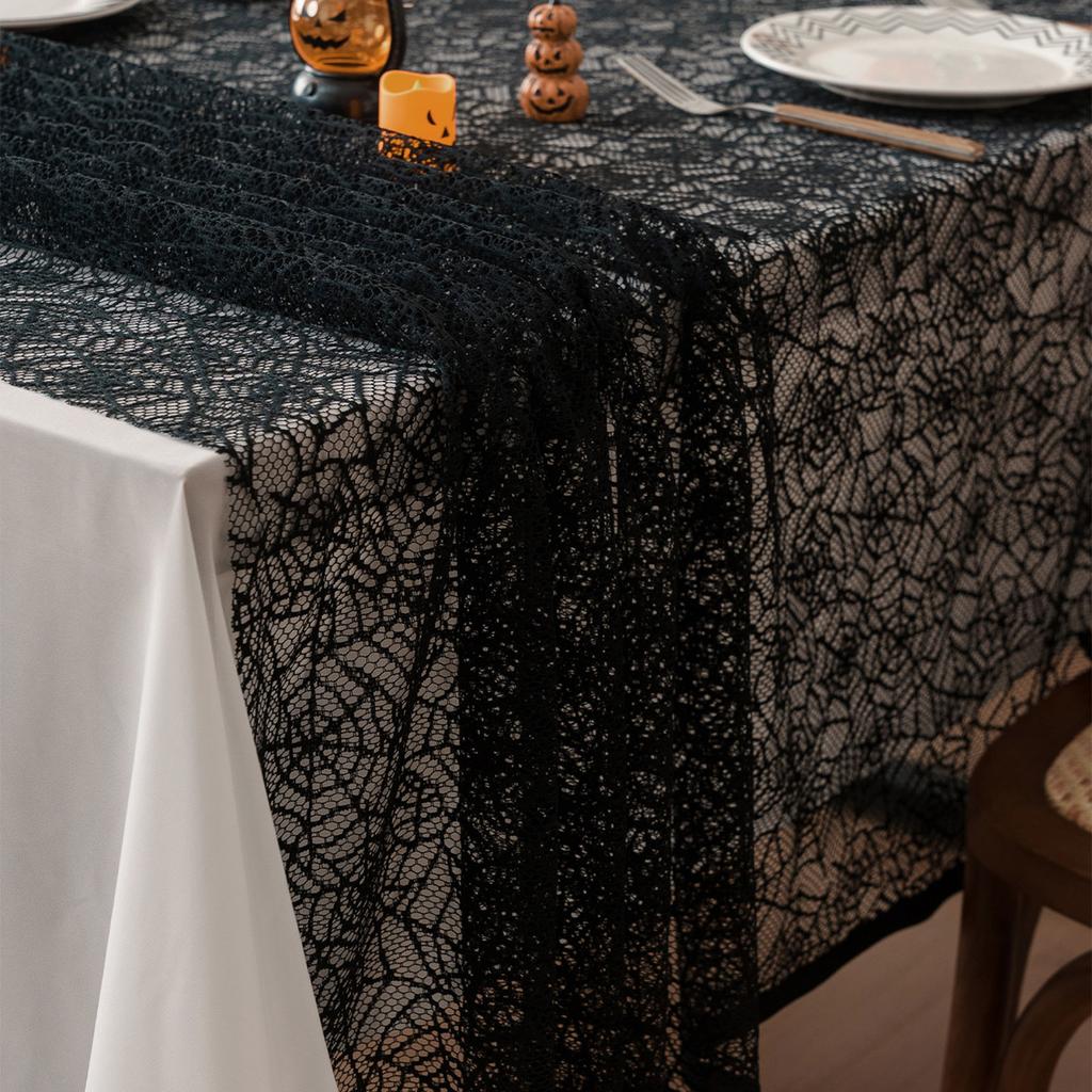 Halloween Black Lace Polyester Tablecloth for Party Decorations Fabric Easy To Cleaning Foldable Designs