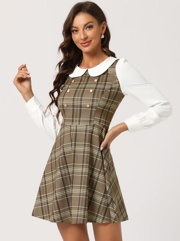 Allegra K Women's Round Collar Dress, Check Pattern, Button-Decorated, Flared A-Line Mini Dress, Brown, Size L