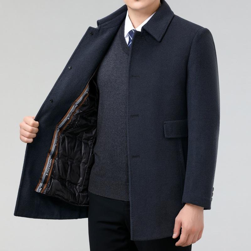 Новое зимнее кашемировое пальто средней длины для мужчин, на подкладке из пуха, шерстяное пальто, топ для папы среднего и пожилого возраста