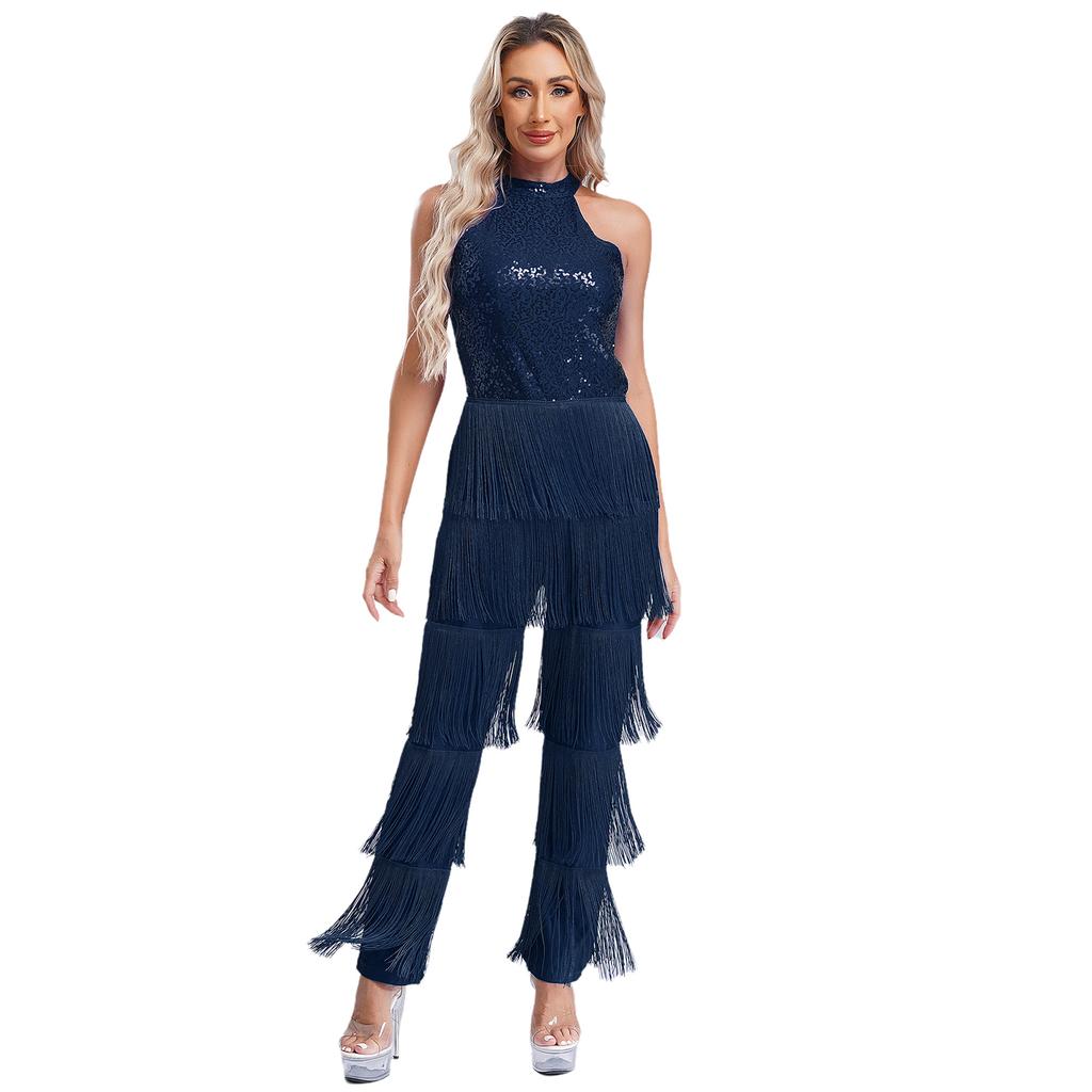 Women Sleeveless Jazz Costume Flowy Tassel Rompers Performance Dancewear Fringe Jumpsuit Tango Cha-Cha Samba Dancing Party Dress
