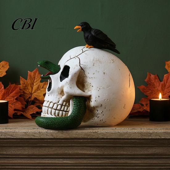 Decorative Skeleton with Crow Gothic Raven Skull Statue Halloween Decoration, Resin Perching On Sculpture for Window Display Figurine Macabre