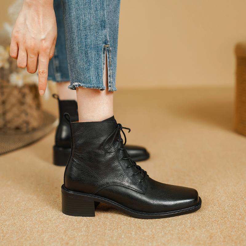 2024 New Women Boots Ankle Boots Thick High Heels Genuine Leather Shoes Woman Mature Office Lady Autumn Winter Lace-up Shoes