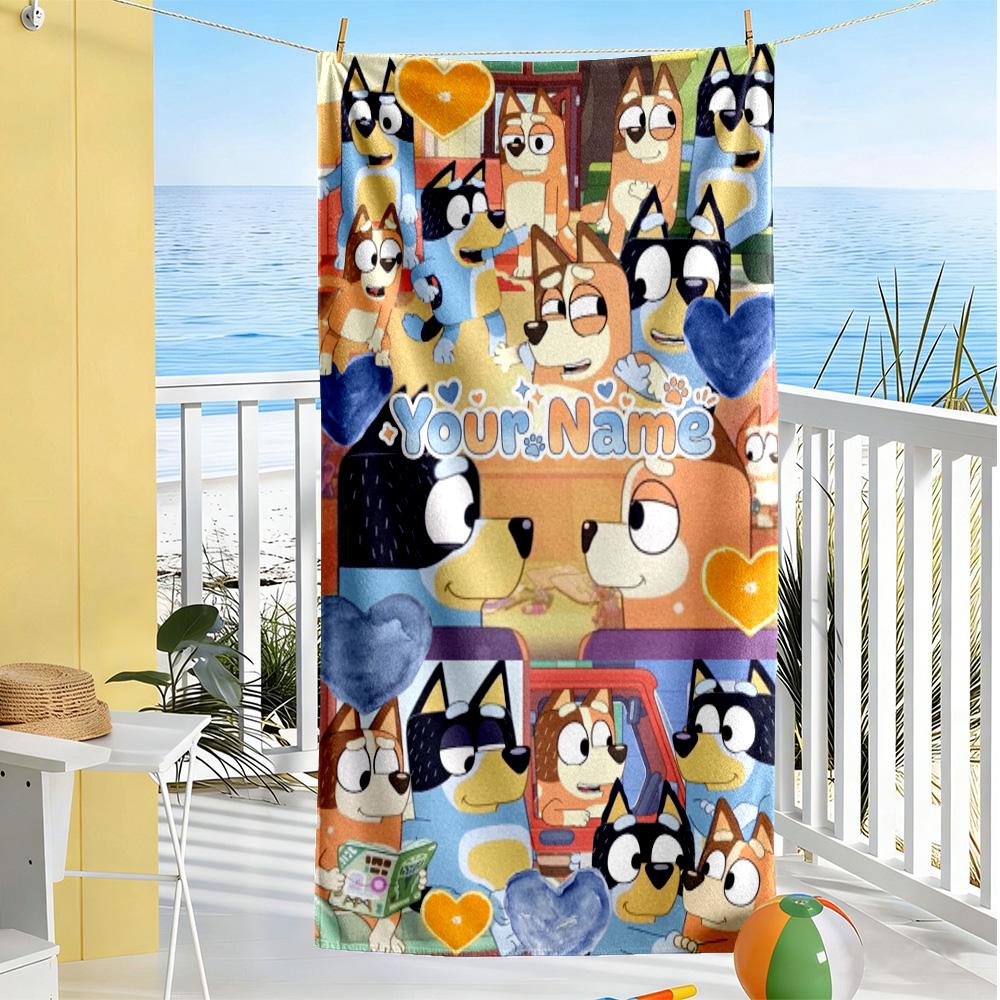Bluey Personalized Text Beach Towel Quick-Dry Soft Microfiber For Beach Bathroom Outdoor Swimming Pool Camping Picnic Yoga Diving Vacation Accessories