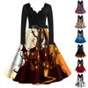 Женское винтажное классическое платье с вырезом на талии и галстуком-бабочкой с длинными рукавами на Хэллоуин с принтом и V-образным вырезом, свободное платье
