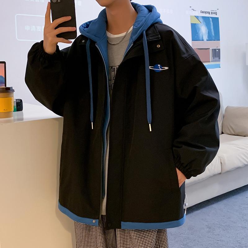 Мужская куртка-двойка, весна-осень, в гонконгском стиле, свободная, модная, с капюшоном, для пары, мужская