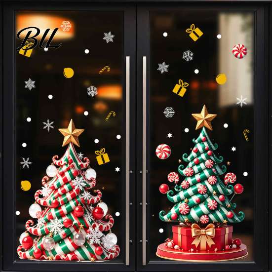 Creative Seasonal Ornaments Christmas Tree Window Decals, Candy Striped Snowflake Wall Stickers, Waterproof Murals PVC Removable Glass Clings for Home