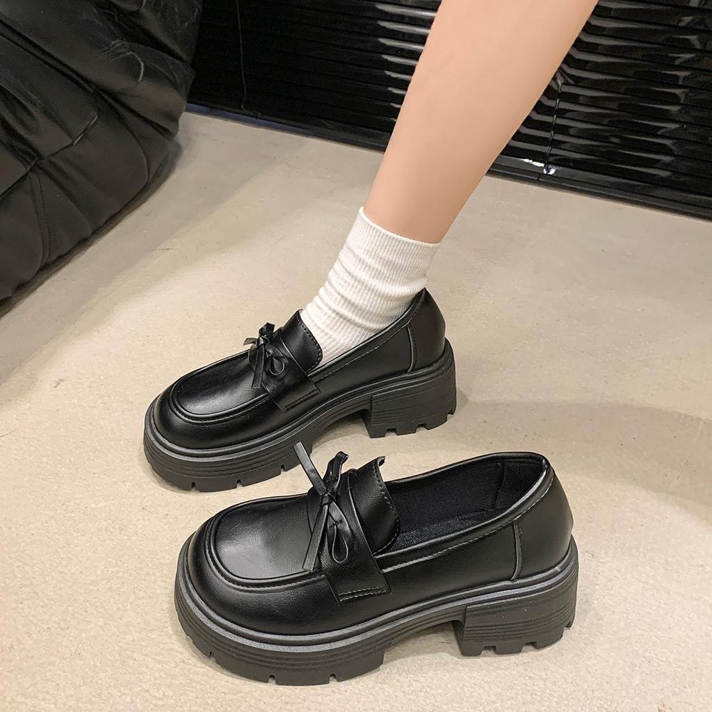 Loafers Women's 2024 Autumn 5 Spring New Roman Thick Heel Platform Bow British Black Small Leather Shoes