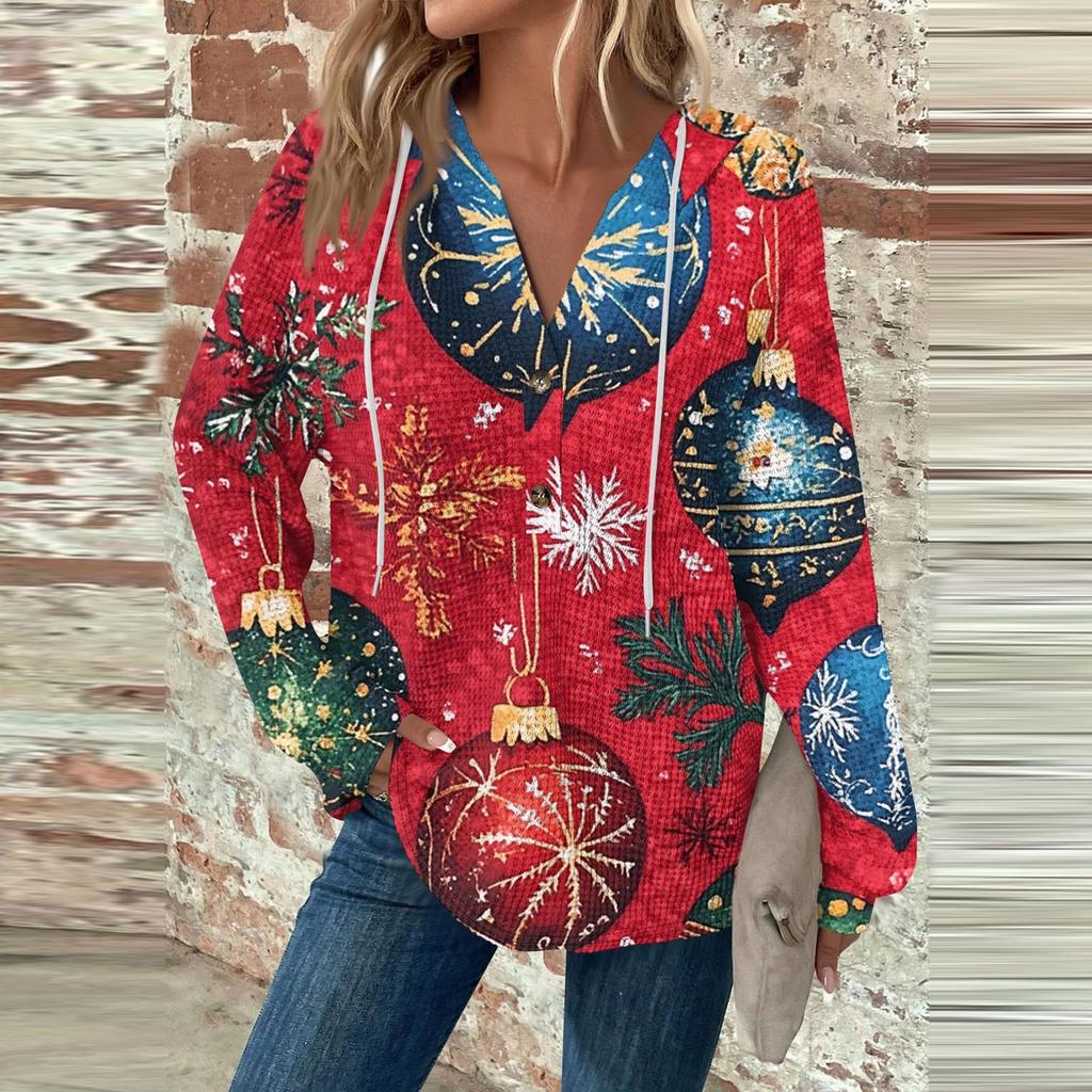 Женский повседневный топ с длинными рукавами, пуговицами, V-образным вырезом, рождественским принтом, завязками и капюшоном