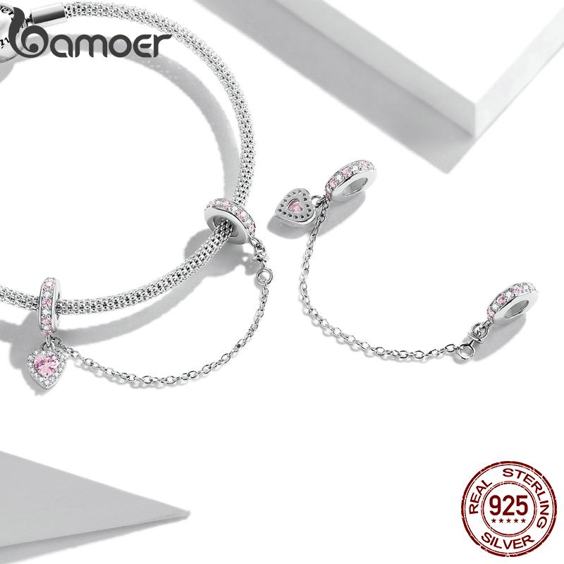 BAMOER Стерлингового Серебра 925 пробы Сердце Серебряная силиконовая цепочка безопасности подвески для женщин оригинальный браслет ювелирные изделия подарок на день Святого Валентина