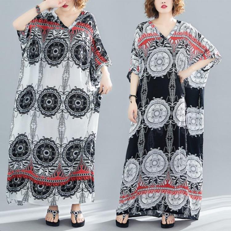 Vintage Floral Satin Maxi Long Dress for Women Plus Size Casual Loose Summer Dresses New In