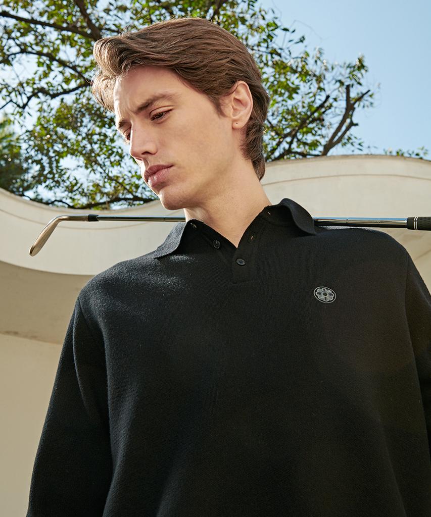 AVEN Signature Flower Jacquard Wool Knit Polo Shirt Black