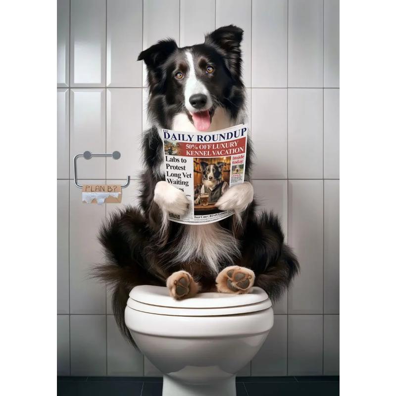 Современный лев, собака, хайленд, сидящая на унитазе и читающая газету, плакат, забавный принт с животными, картина на холсте, декор для ванной комнаты, картина