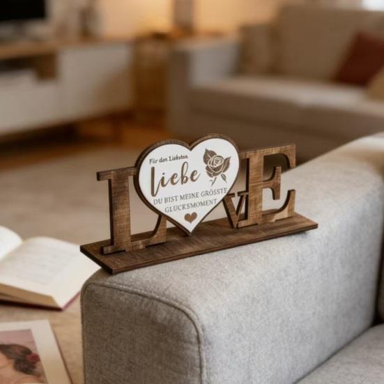 Valentine's Day Love Table Sign with Base Farmhouse Rustic Wooden Love Letter Ornament Anniversary Wedding Party Tabletop