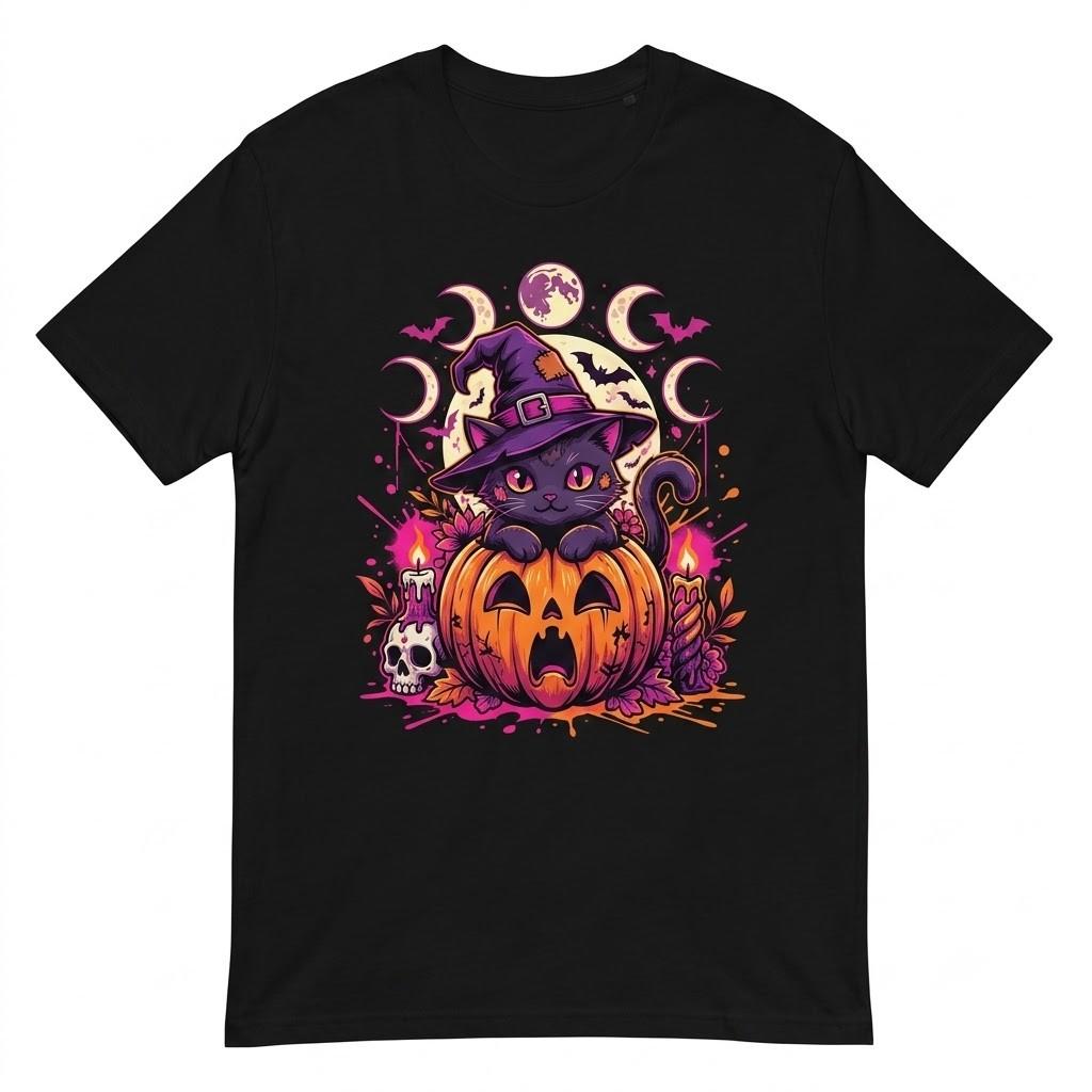 Spooky Black Cat Halloween Cat Graphic Black T Shirt Gift For Friends