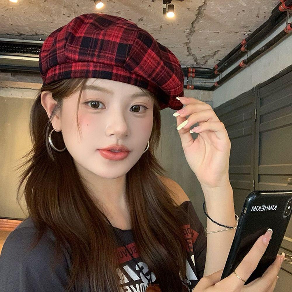 Japanese Y2k Berets Hat Red Retro Painter Hat Vintage Plaid Berets Hat  Girls