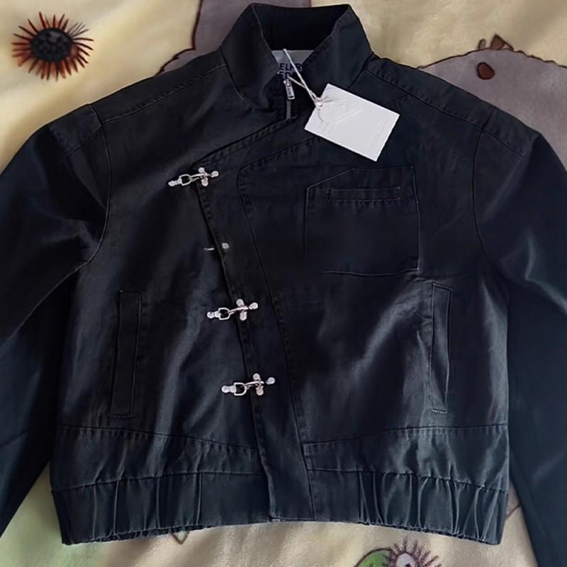 Womens Fall Casual Stand Collar Short Jacket Metal Buckle Decor Black/Grey S-M-L