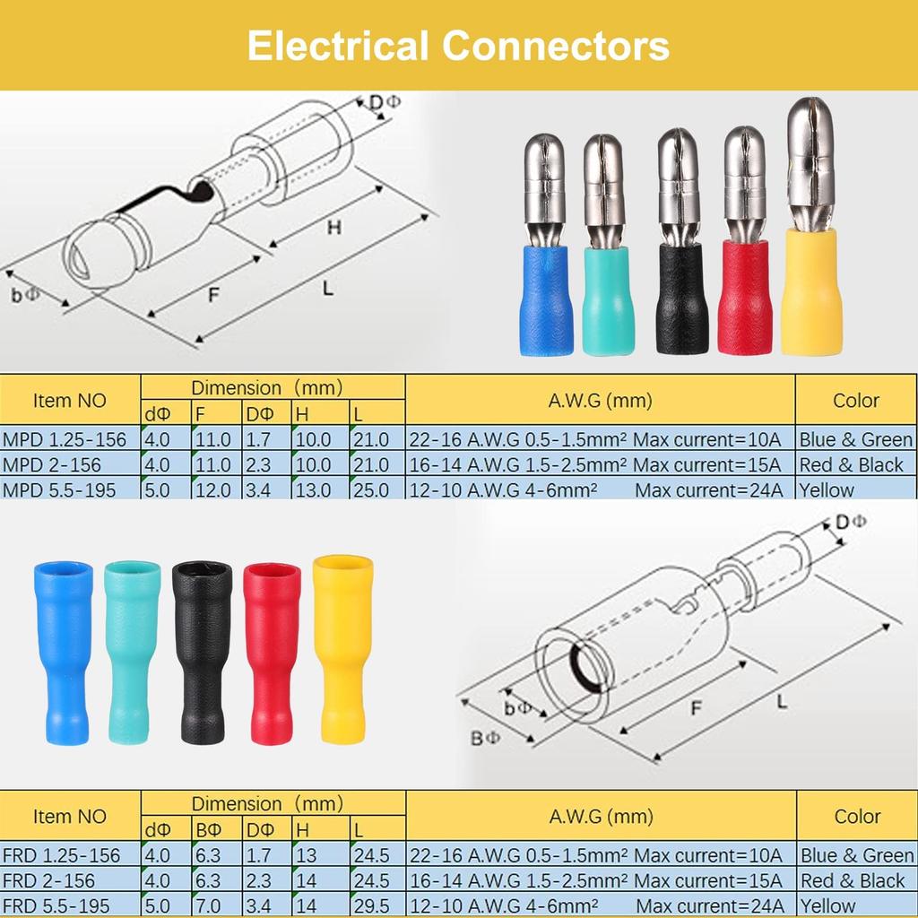 100 Pcs Electrical Connectors, Wire Connectors Insulated Male Female Electrical Terminals & Kits Butt Connectors 0.5-6.0mm² Waterproof