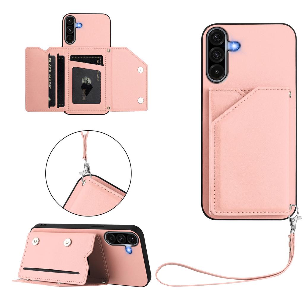 For Samsung Galaxy A36 5G Case Card Holder Kickstand Skin-Touch Phone Cover with Wrist Strap