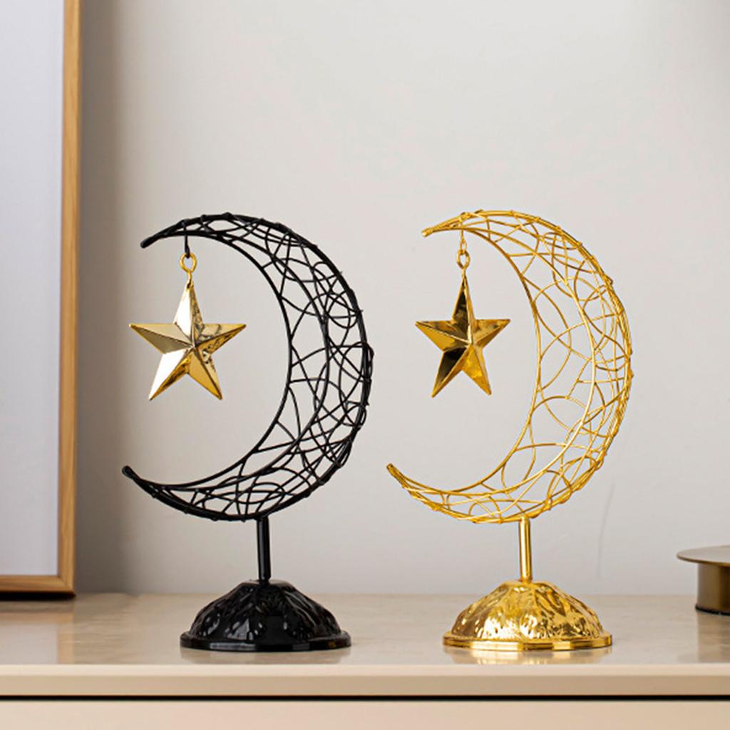 Eid Mubarak Ramadans Handheld Moon and Star Metal Hollowed Ornament Decors with Base for Muslims Islamic Party Supplies