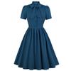 Женское винтажное свободное платье 50-х годов с бантиком и пуговицами спереди с коротким рукавом, фигуристка миди, стильная одежда для вечеринок, на работу, на каждый день, формальный наряд для особых случаев, весна-лето