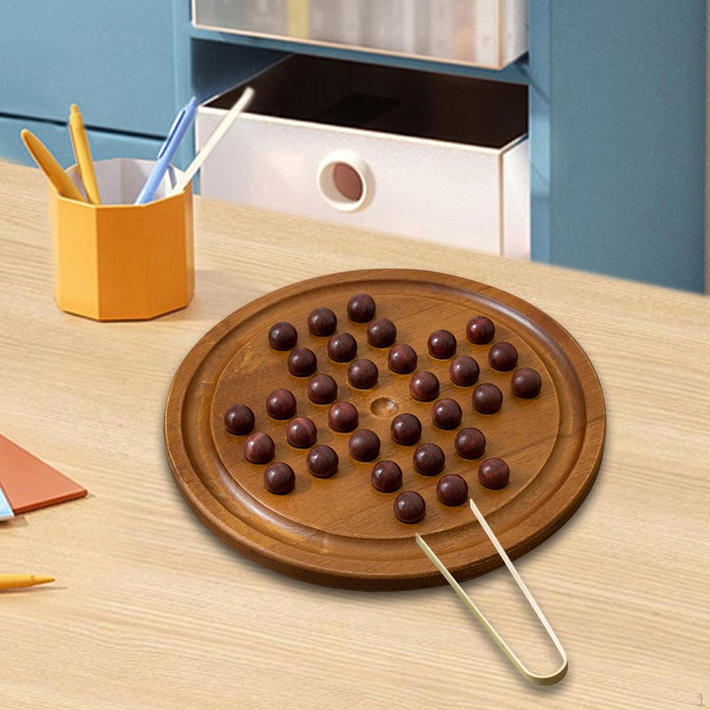 Wooden Solitaire Board Game, Round Game Board, Marble Chess Mind Peg Puzzle Toy for