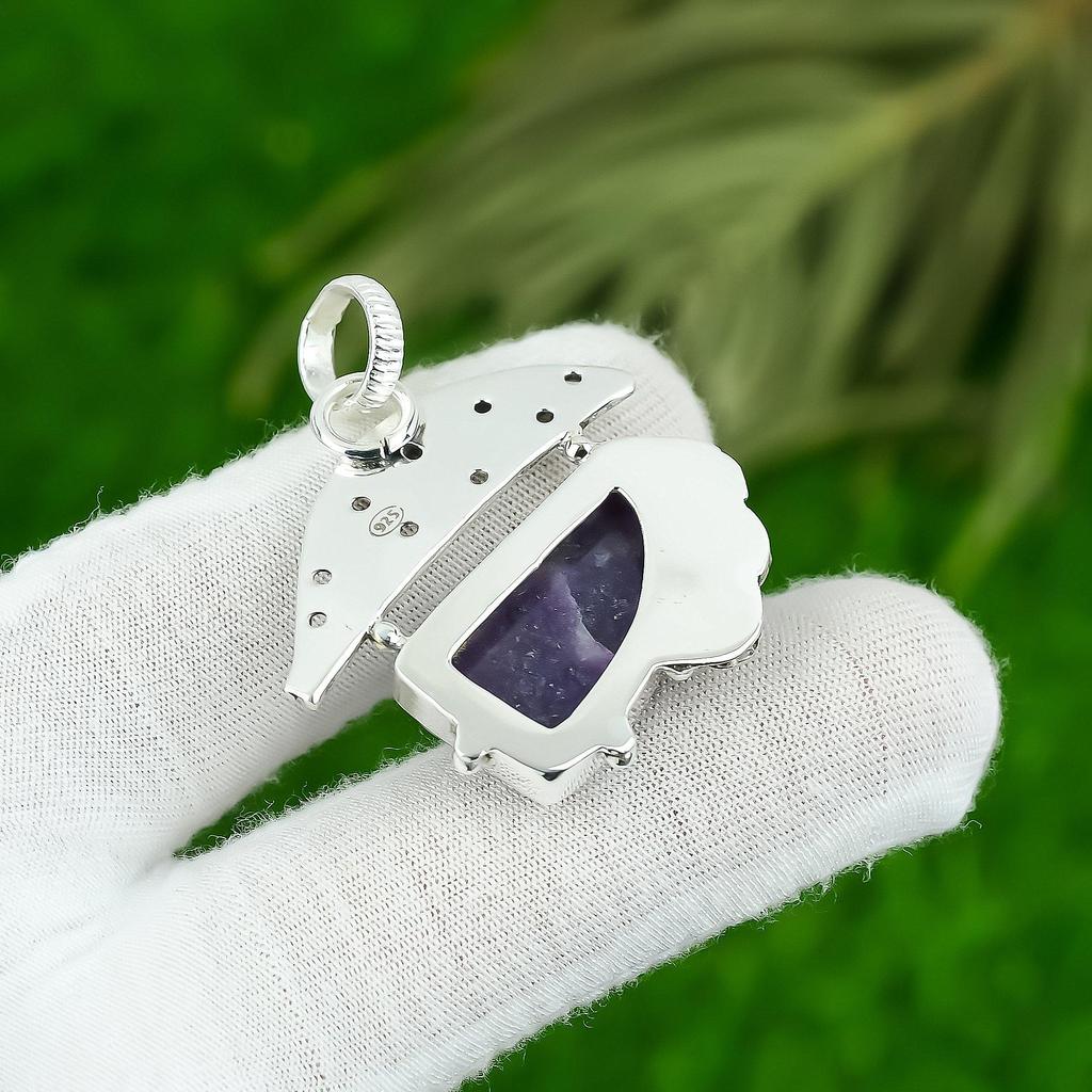 925 Sterling Silver Chevron Amethyst Stone Art Deco Sister Bezel Pendant Jewelry