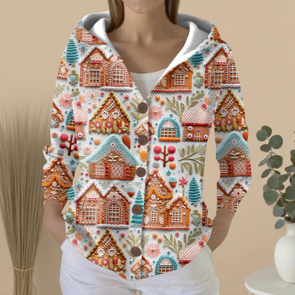 Женский модный повседневный свитер на пуговицах с принтом, кардиган, куртка с капюшоном