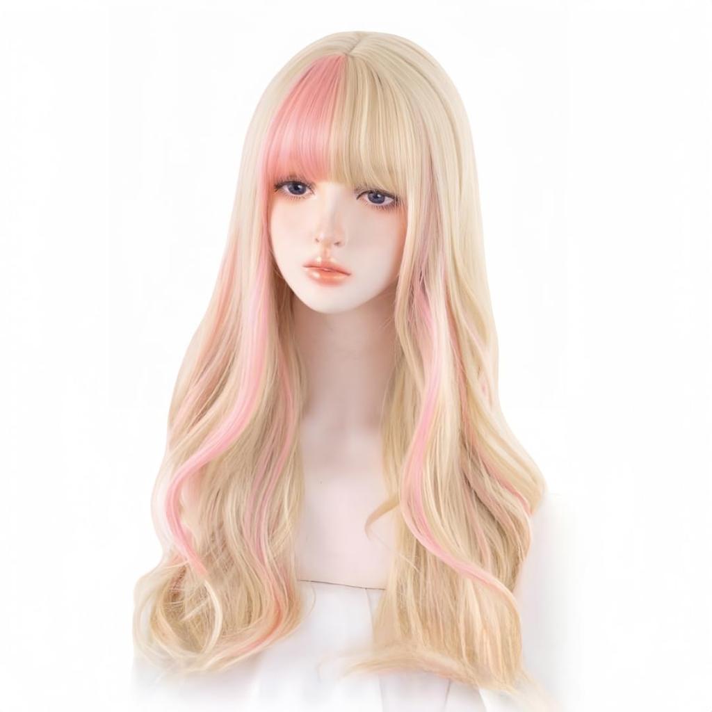 RyuuCos Lolita Wig Long Hair Curly Bangs Gold Pink Wig Cosplay Milk Gold Pink Highlights Natural Harajuku Cosplay Heat Resistant Disguise Costume Gift