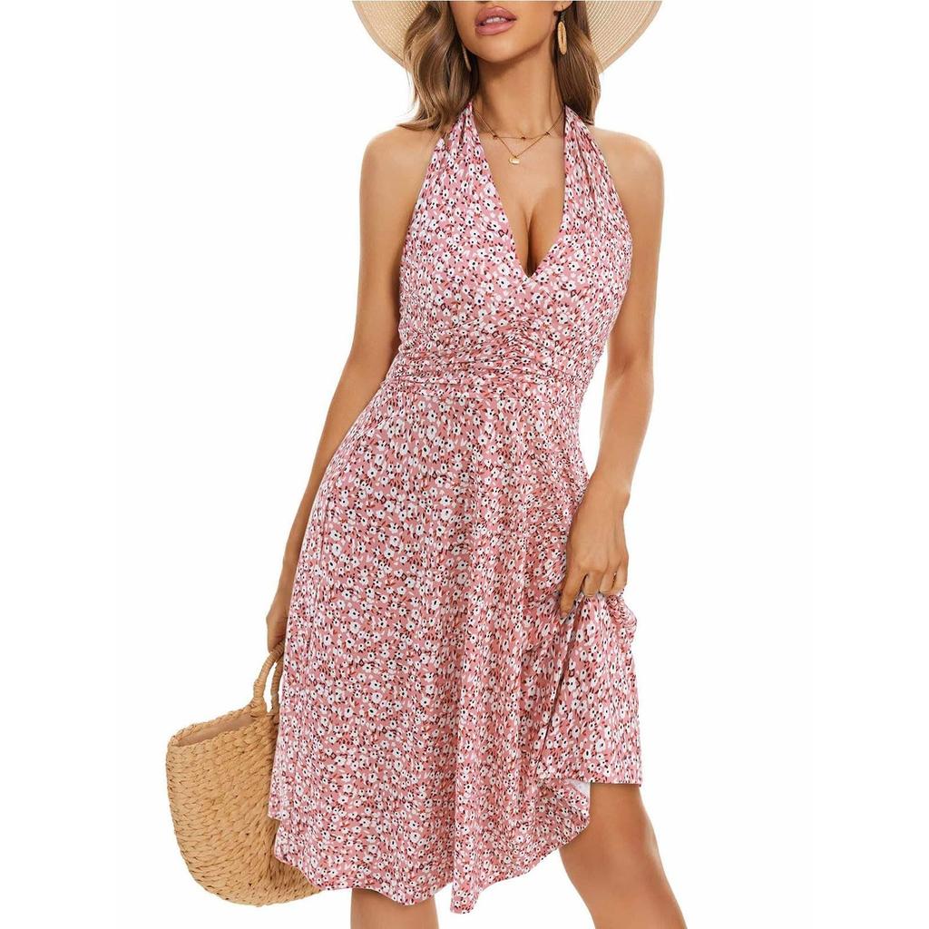 Sleeveless Summer Dress Women Halter Neck Tie Back Floral Print Elastic Waist Ruffle Hem Casual Dress with Pockets