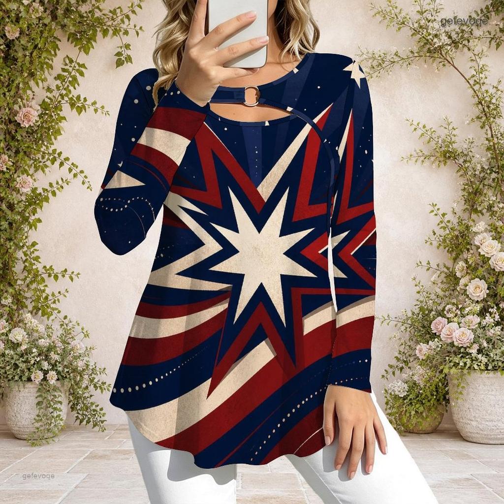 Womens Plus Size Long Sleeve Casual Top Featuring Metal Neck Ring Embellishment