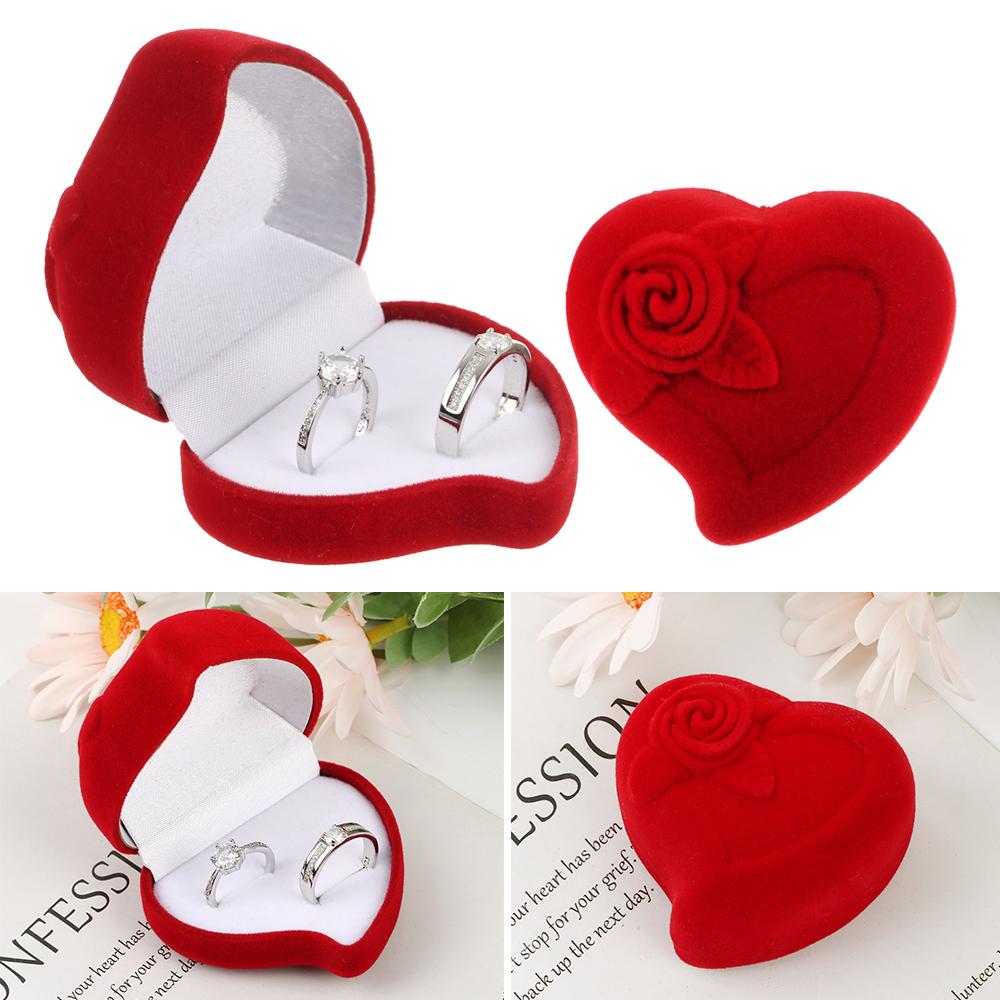 Exquisite Heart Shape Red Rose Ring Display Box Velvet Jewelry Box Double Ring Storage Box