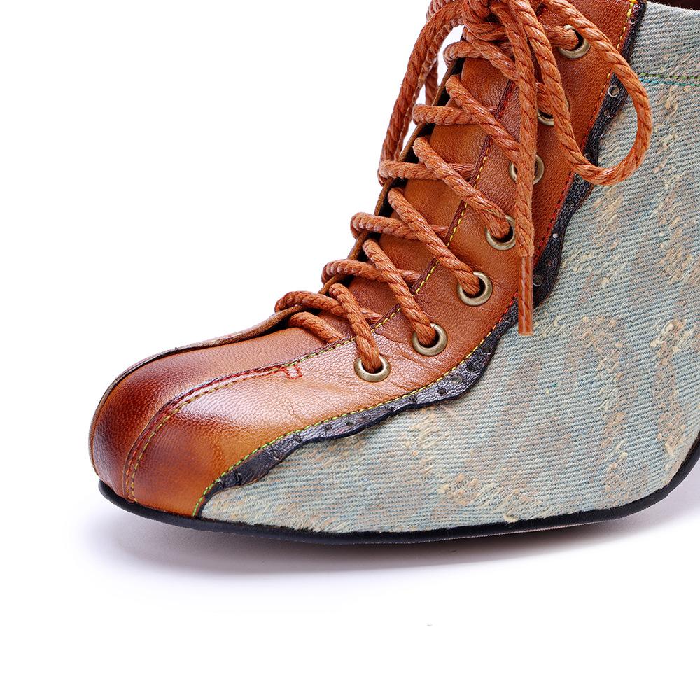 Johnature Fashionable Lace Up High Heels Retro Genuine Leather Patchwork Women's Shoes